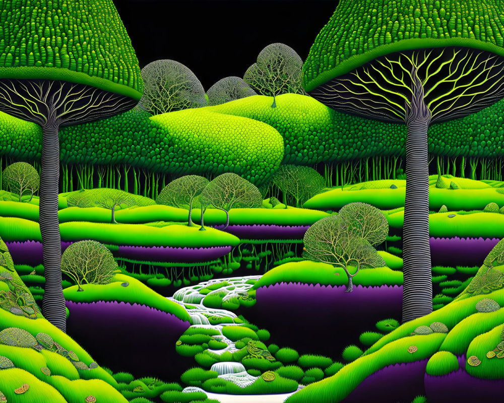 Fantastical Landscape with Luminescent Green Foliage and Whimsical Trees