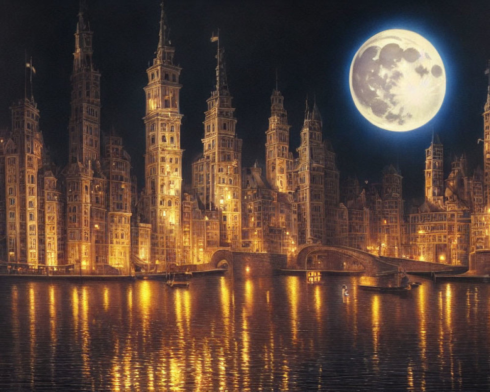 Historical buildings illuminated by moonlight along a river at night