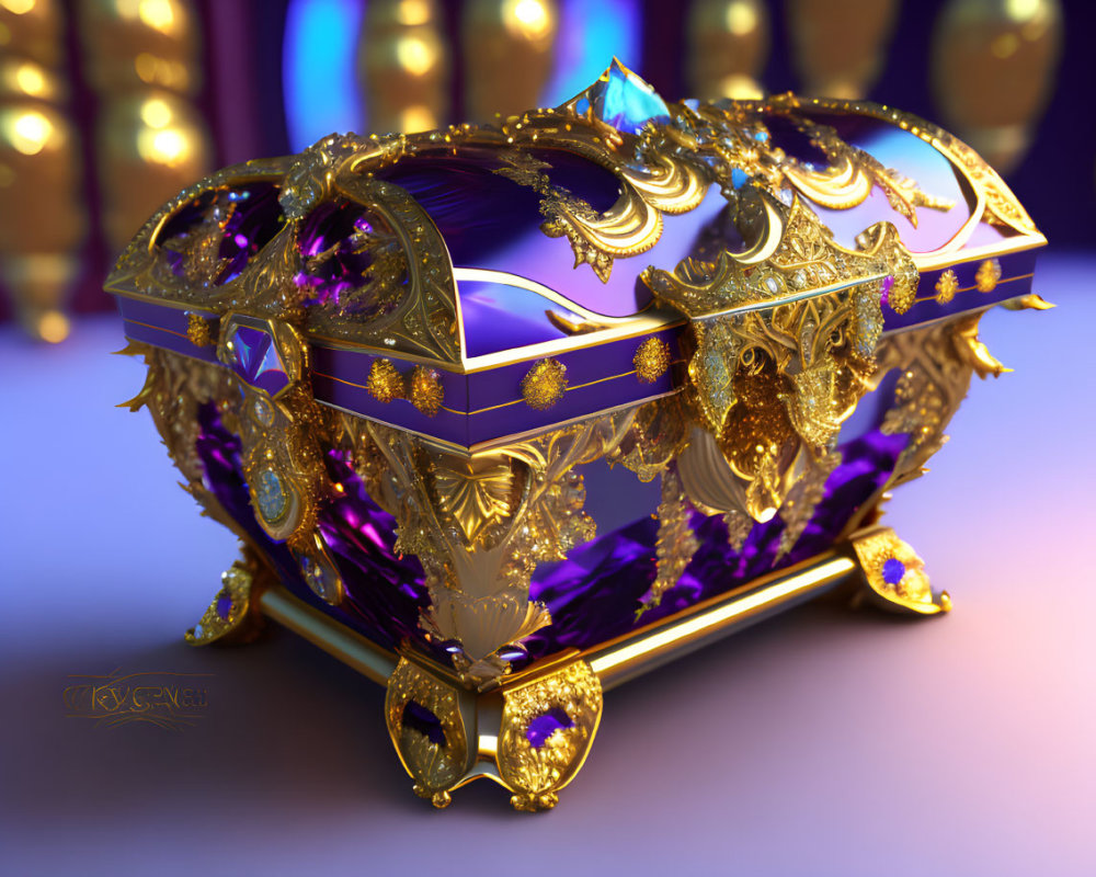 Intricate golden treasure chest with purple velvet lining on colorful backdrop