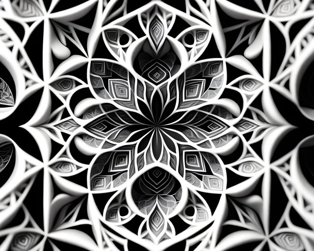 Symmetrical Monochrome Fractal Pattern with Intricate Geometric Shapes