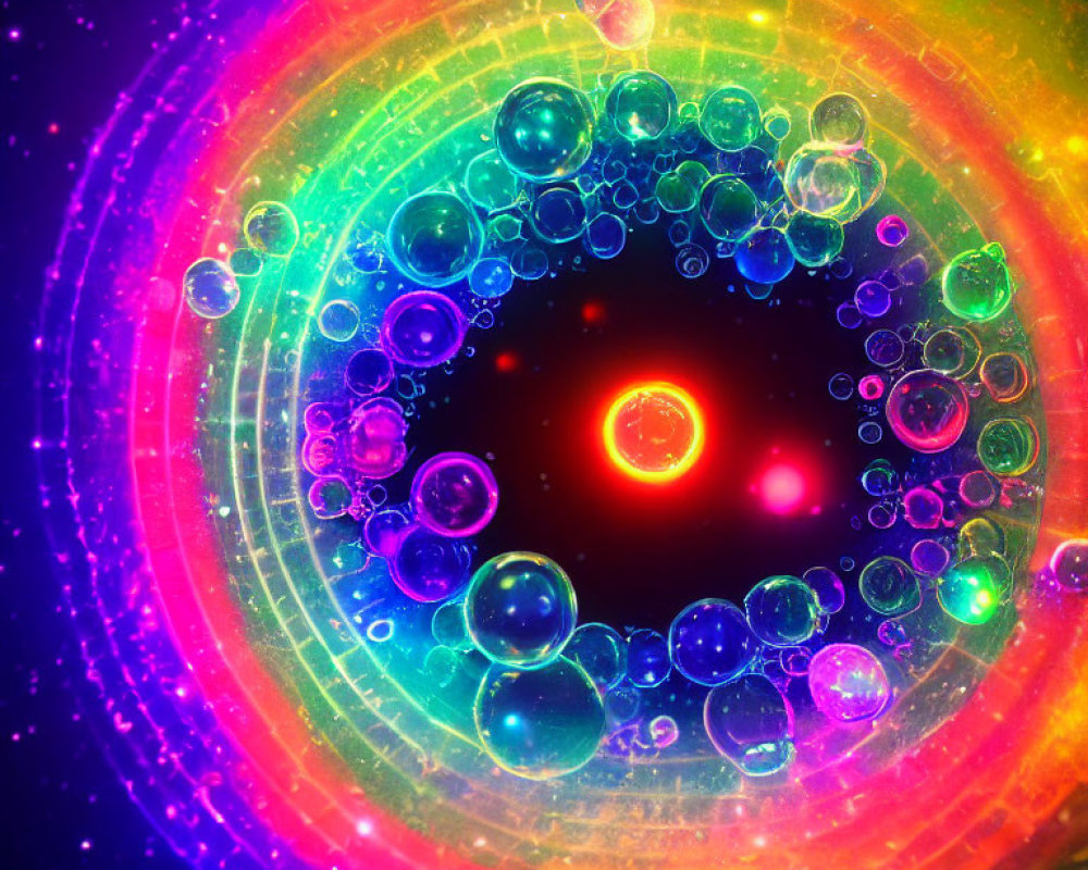Colorful concentric circle digital artwork with glowing bubbles in rainbow colors on dark background