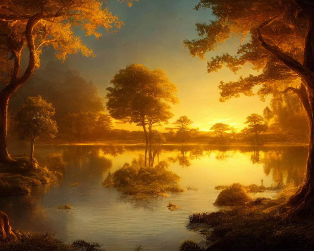 Ethereal forest scene with golden sunlight and tranquil lake