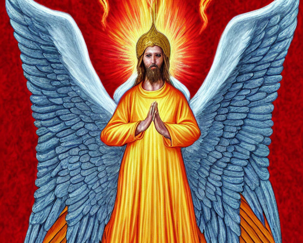 Winged figure in orange robe with halo on red background