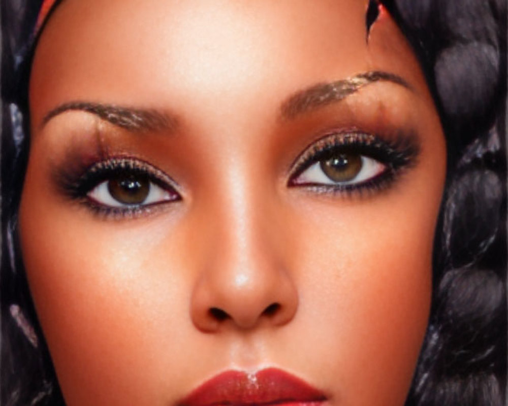 Woman with dramatic eye makeup, headband, and wavy black hair portrait.
