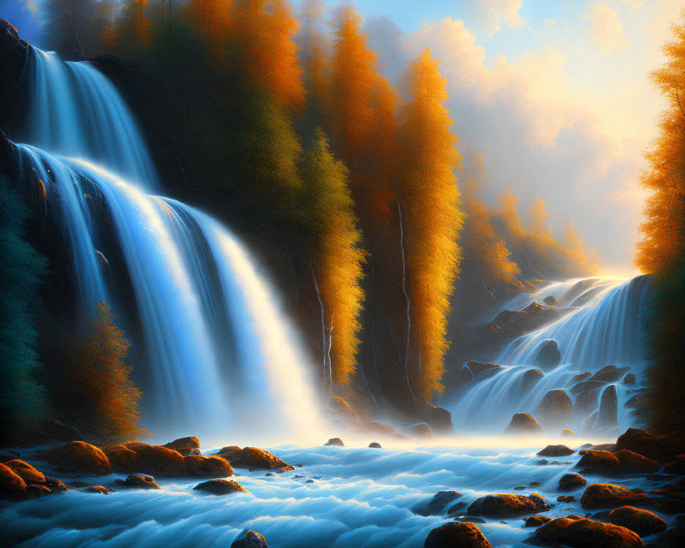 Majestic waterfall in autumnal forest with soft glowing light