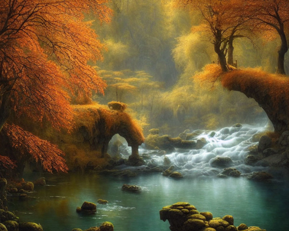 Tranquil autumn landscape with golden foliage, stream, and stone bridge