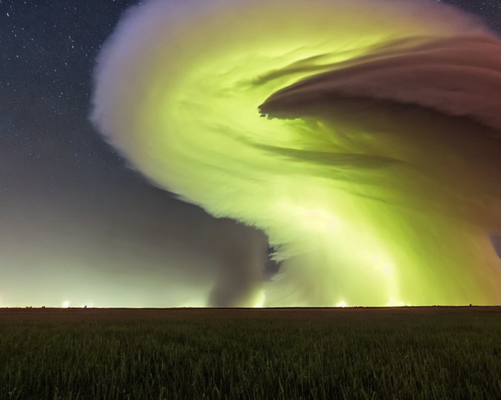 Gigantic supercell thunderstorm over night field with green light and starry sky