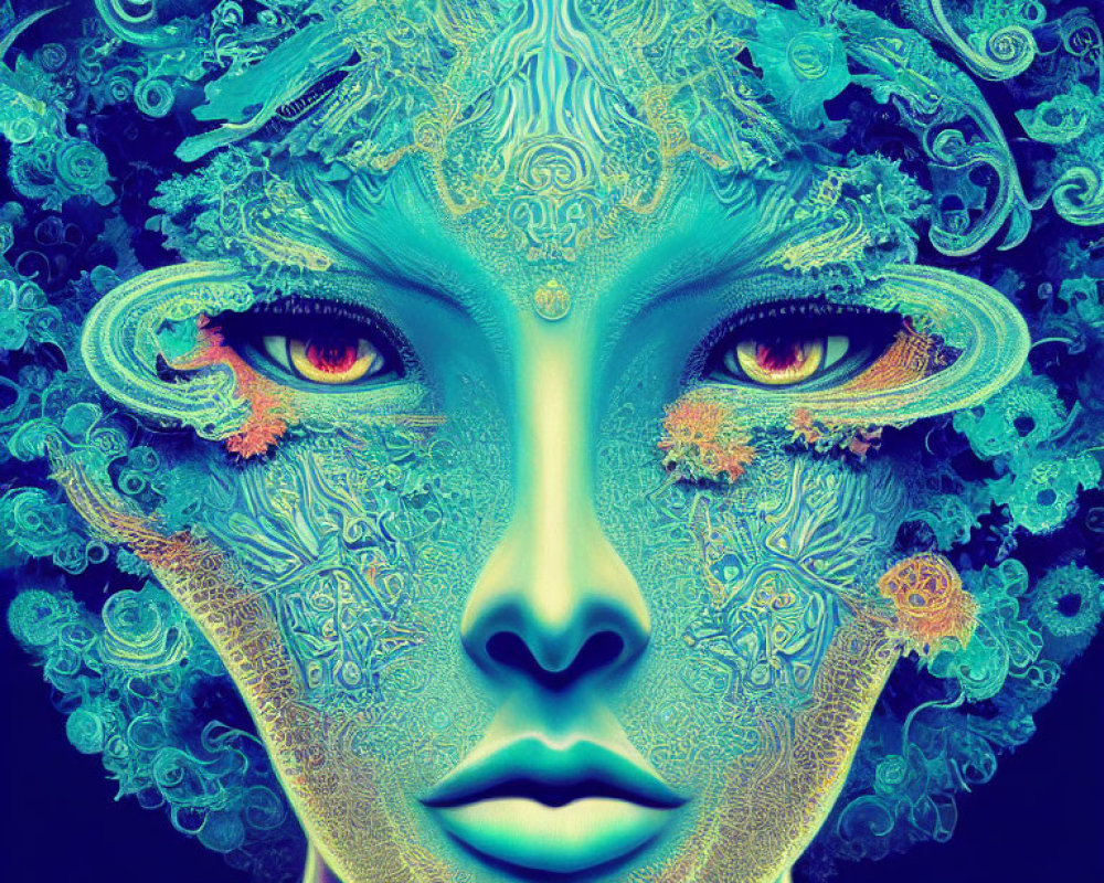 Colorful digital artwork: Blue female face with orange eyes and intricate patterns on dark surreal background