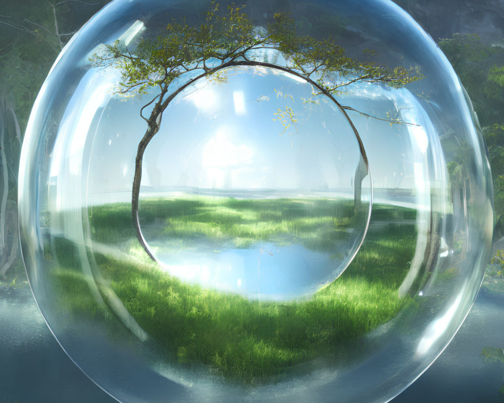 Verdant landscape in transparent bubble with mystical forest setting