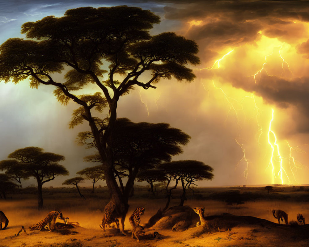 African savannah thunderstorm with cheetahs, elephant, and acacia trees
