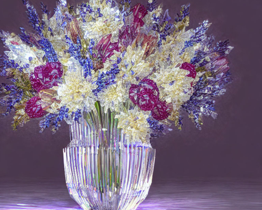Colorful Flower Bouquet in Crystal Vase on Purple Background