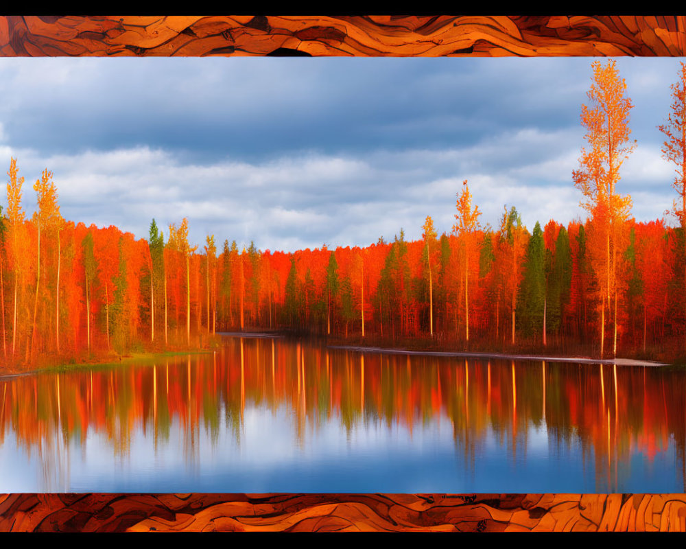 Colorful autumn trees mirrored in serene lake under cloudy sky in wooden frame
