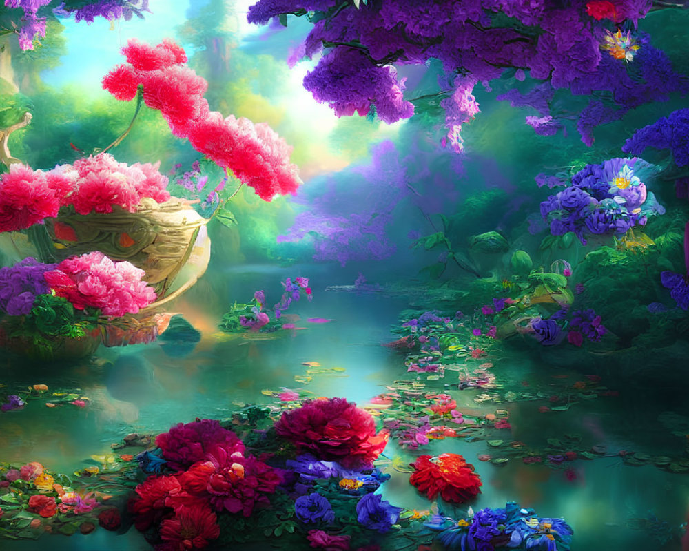 Colorful Fantasy Garden with Overflowing Boat of Flowers, Luminous Trees, Misty Atmosphere