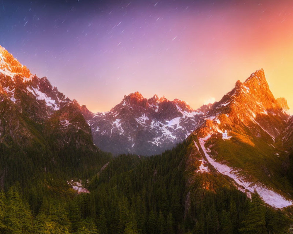 Mountain Peaks at Sunset with Star Trails and Forest in Warm Light