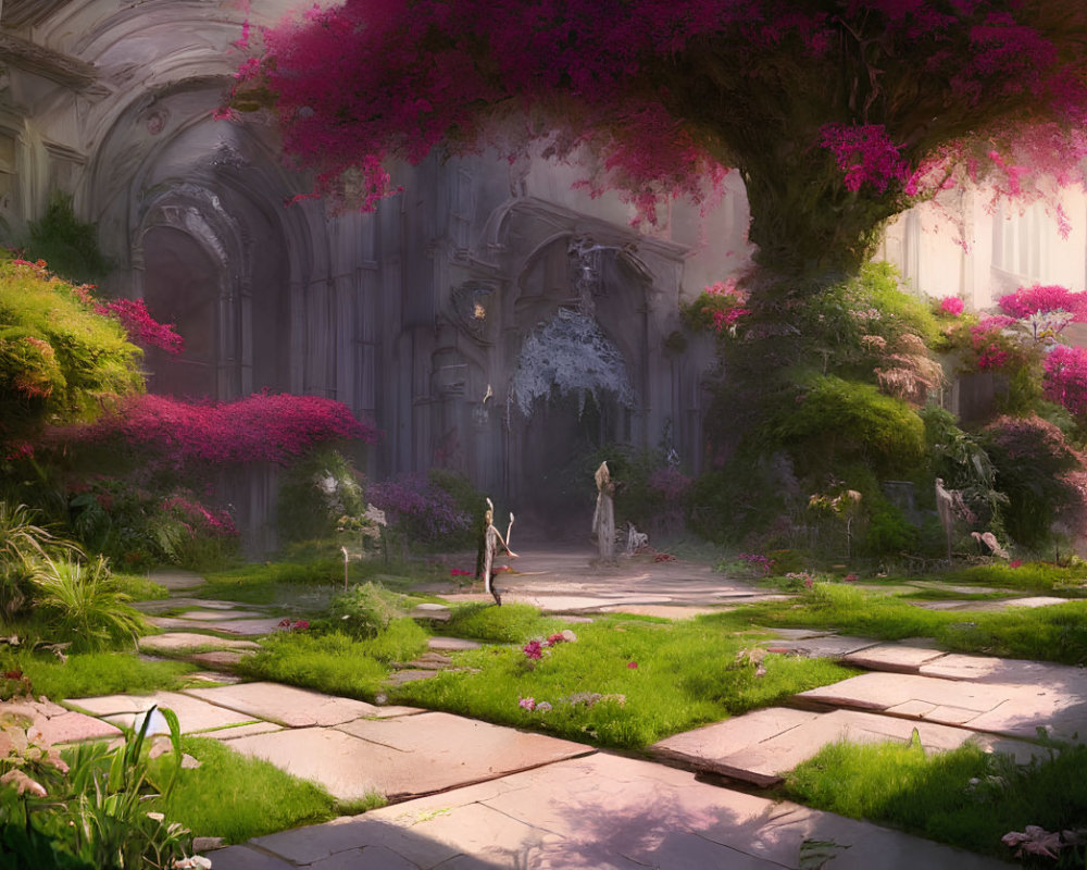 Tranquil garden with pink blossoms, fountain, statues, and ancient architecture
