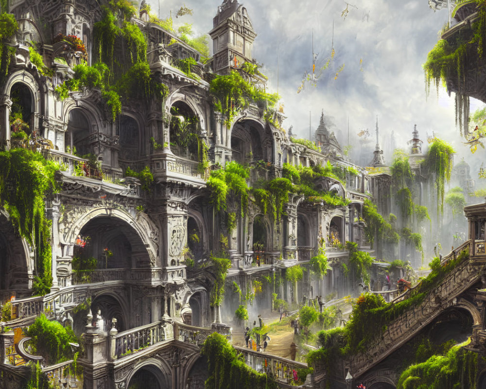 Ancient cityscape with lush greenery and ornate stone architecture