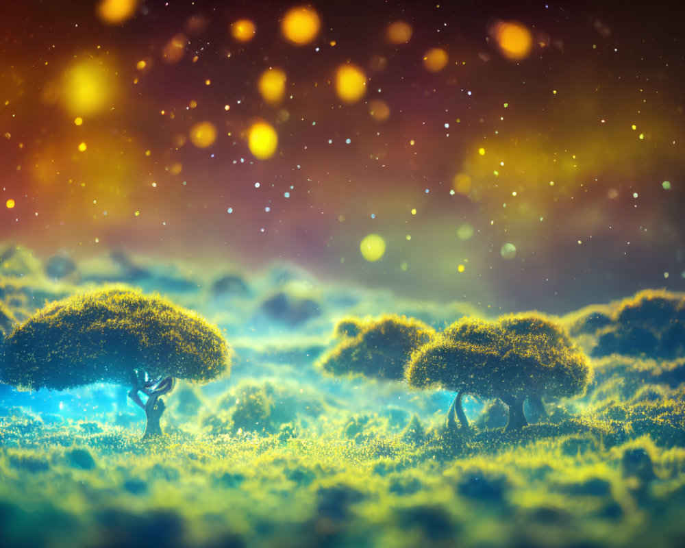 Miniature forest scene with luminescent moss and bokeh light effects