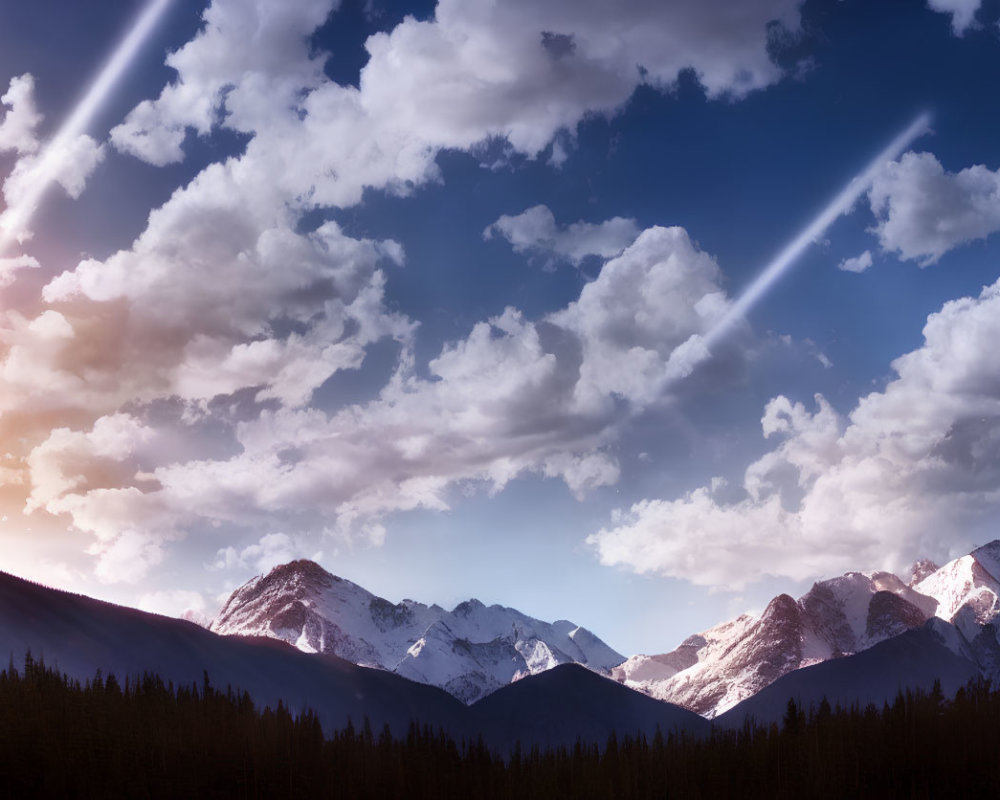 Sun rays through clouds over snowy mountain peaks at sunrise or sunset