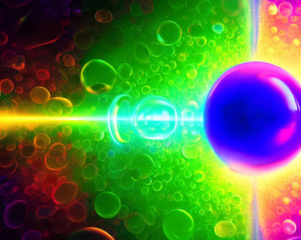 Colorful abstract art with bubbles, light beam, blue and purple spheres