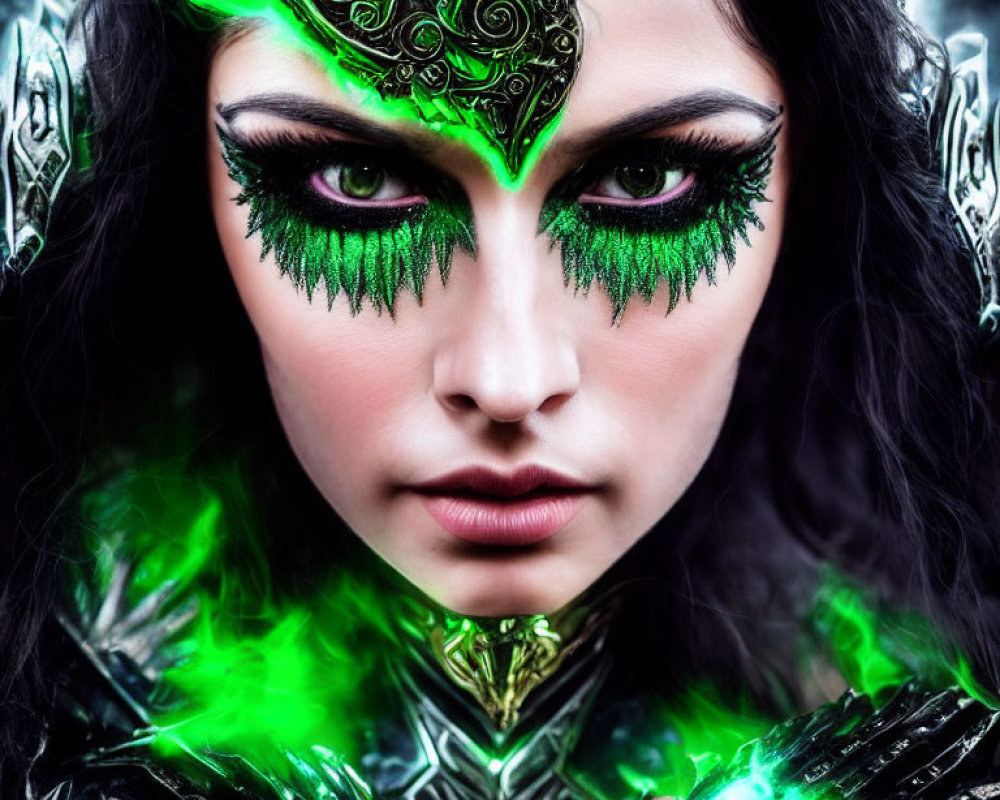 Woman with intricate green makeup and decorative headdress in mystical setting.