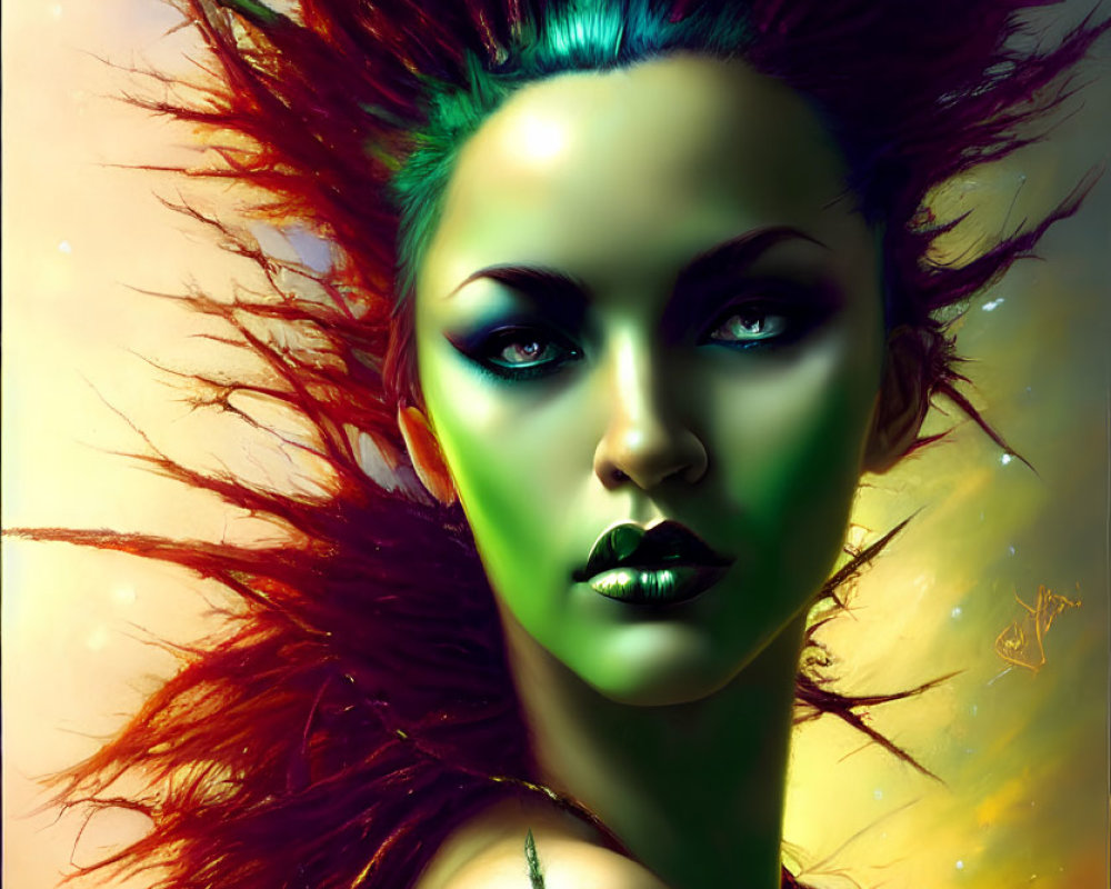 Stylized portrait of a woman with green skin and spikey red hair