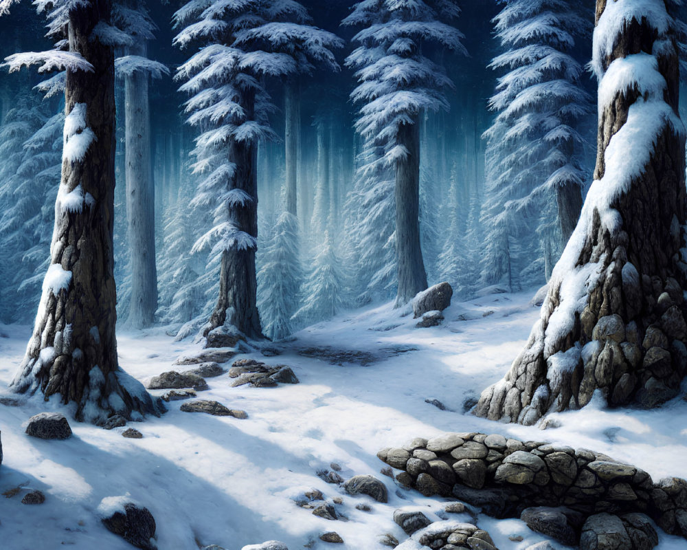 Winter forest scene with pine trees, stone bridge, and serene blue light