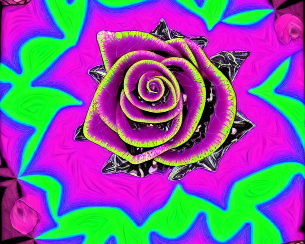 Colorful Digital Artwork: Central Spiral Rose with Neon Green and Magenta Hues