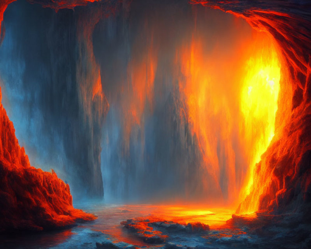 Vibrant molten lava cave with blue and orange hues