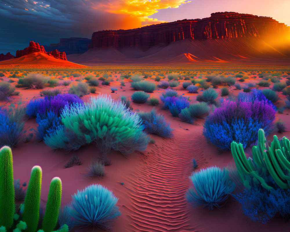 Colorful Flora and Red Sand Dunes in Vibrant Desert Sunset