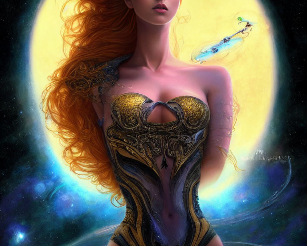 Fantastical woman with red hair in ornate attire on cosmic background