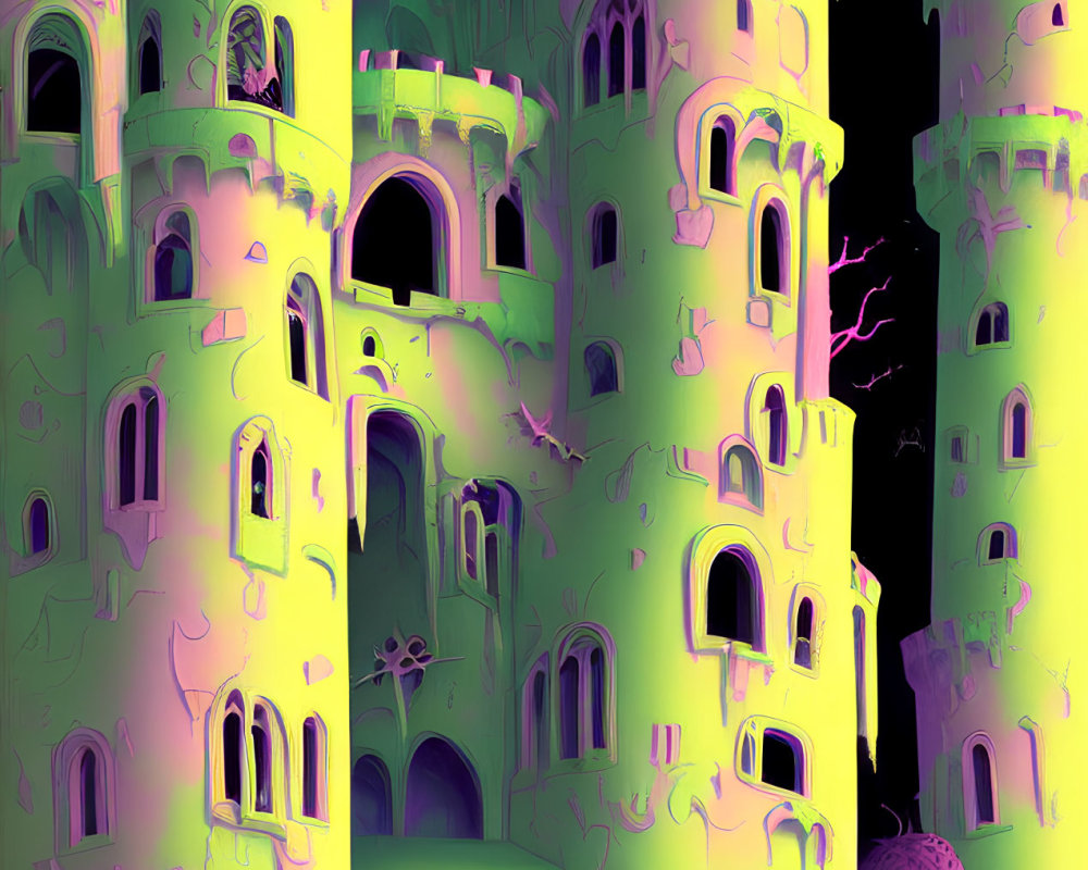 Surreal fantasy castle with neon green and pink hues surrounded by bizarre vegetation