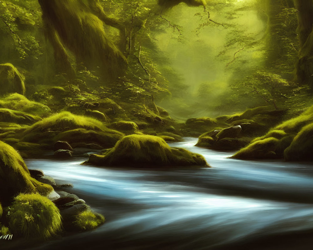 Tranquil Forest Scene with Stream and Sunbeams