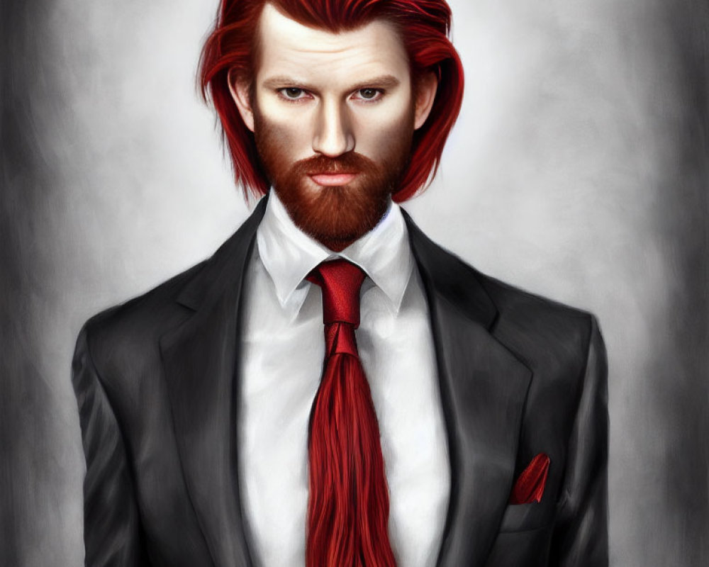 Vibrant red-haired man in black suit with serious expression