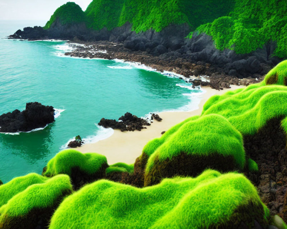 Scenic moss-covered hills by turquoise sea and rocky outcrops