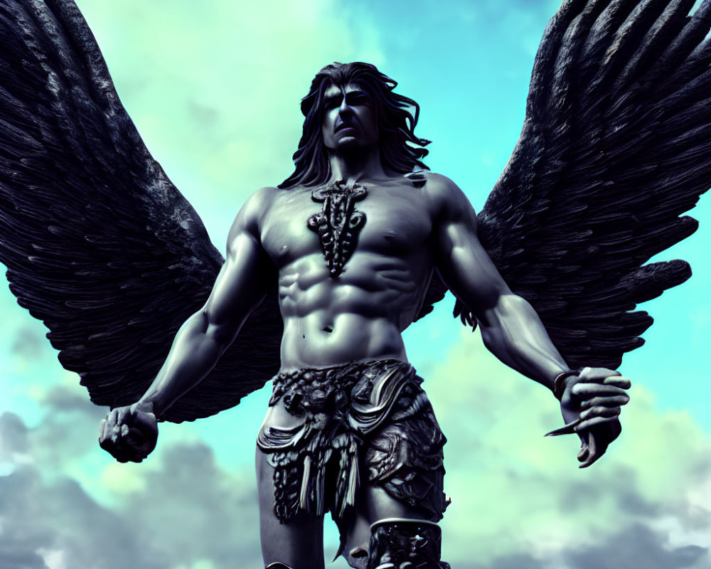 Muscular winged male figure under cloudy sky evokes mythical presence
