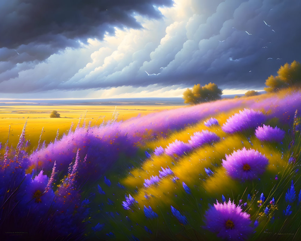 Colorful landscape with purple and yellow wildflowers under dramatic sky