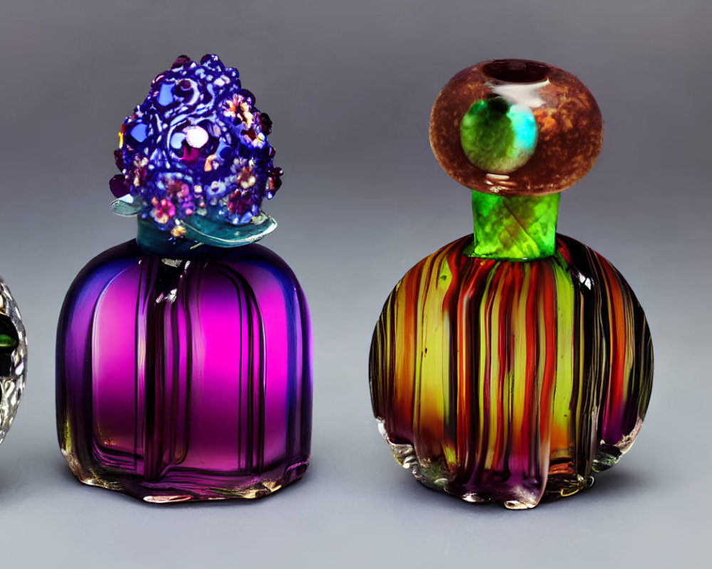 Colorful Glass Perfume Bottles on Grey Background