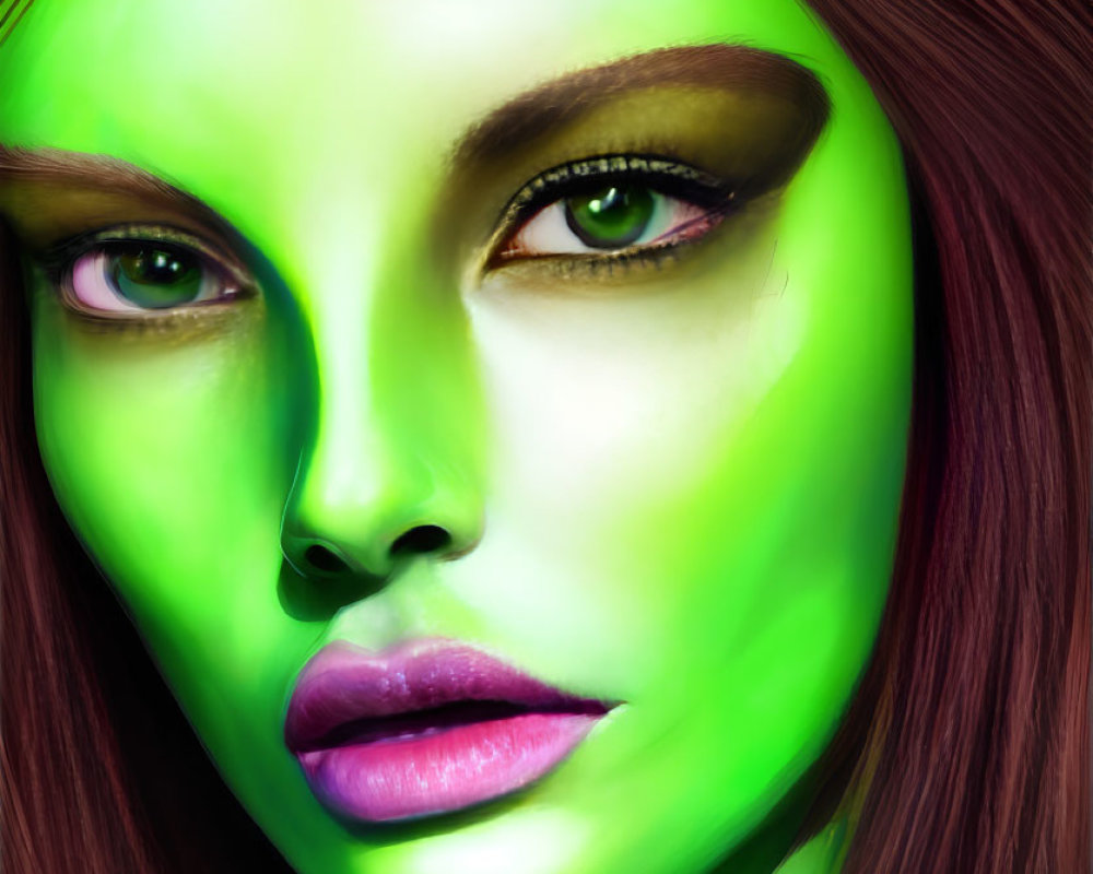 Female figure with glowing green skin and bold makeup.