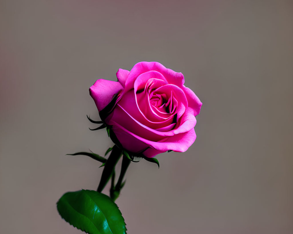 Pink Rose with Green Stem on Grey Background