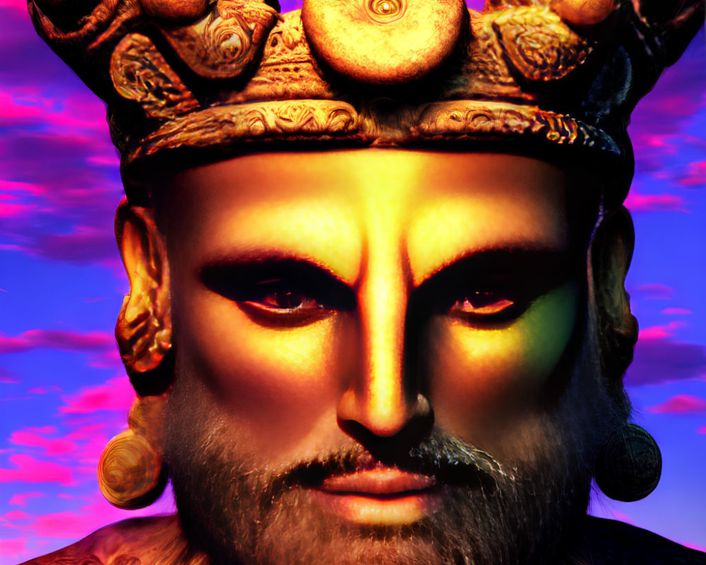 Male face with ornate crown in digital artwork against sunset sky