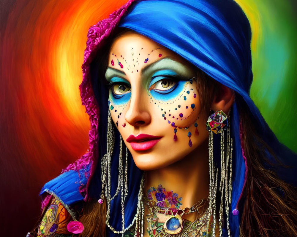 Colorful portrait of woman with blue eyes, intricate face paint, and ornate jewelry against vibrant backdrop