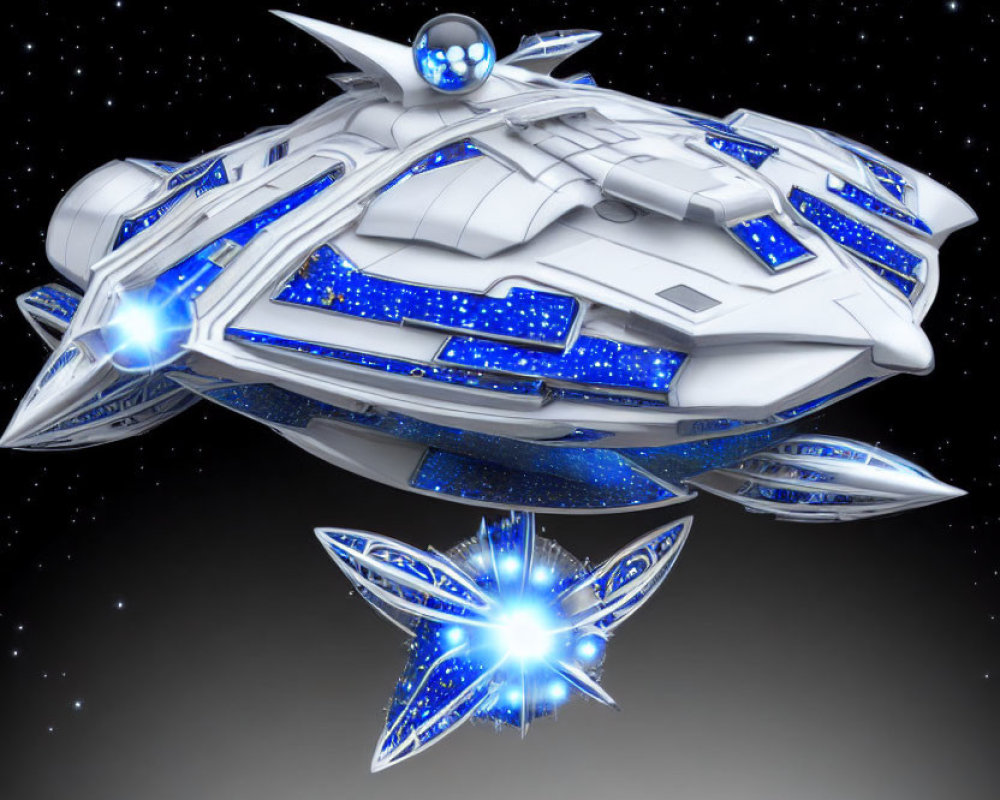 Futuristic 3D-rendered spaceship with blue lights in starry space