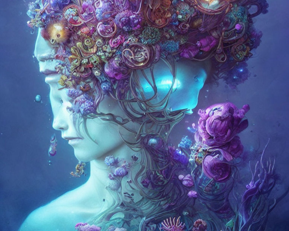 Colorful surreal illustration of female entity with flora and fauna hair in underwater scene