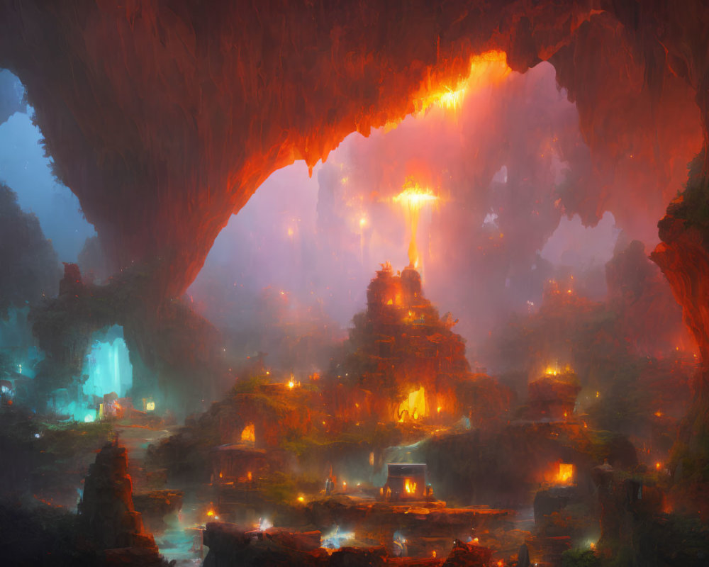 Majestic underground cavern with glowing city and fiery stalactites