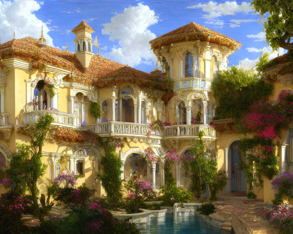 Luxurious villa with balconies, arched windows, lush greenery, pink flowers, and serene