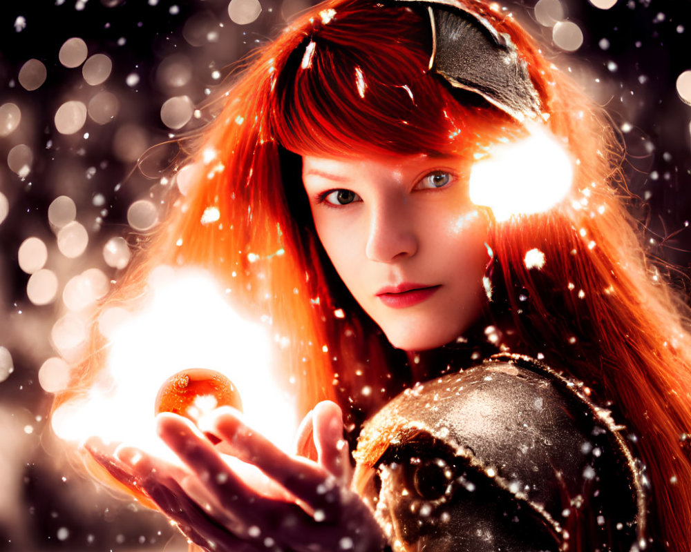 Red-haired woman with glowing orb in magical setting