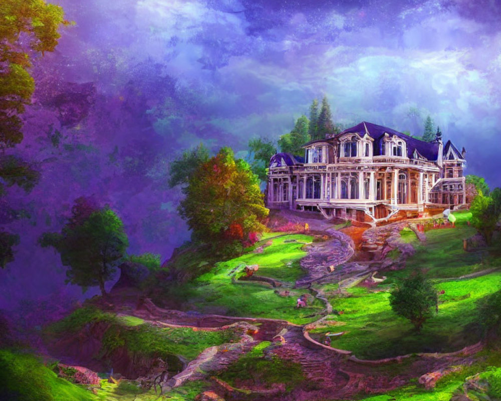 Victorian mansion on lush hillside with winding path at twilight