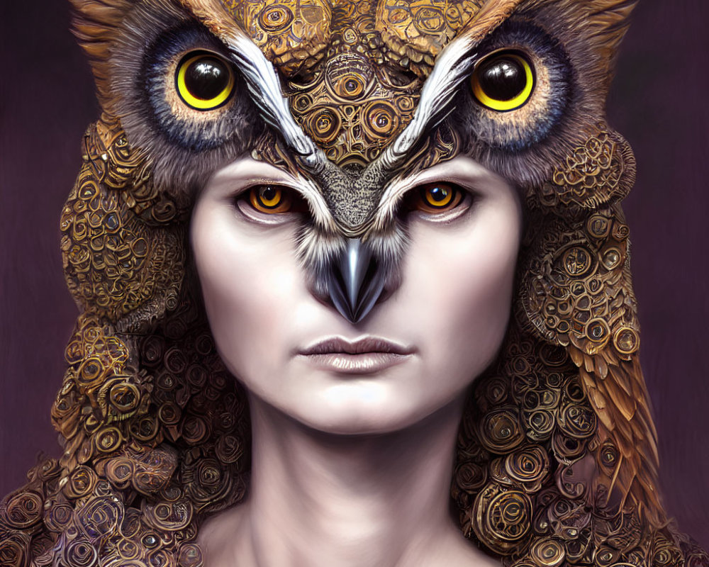 Surrealist portrait: human face merges with owl features