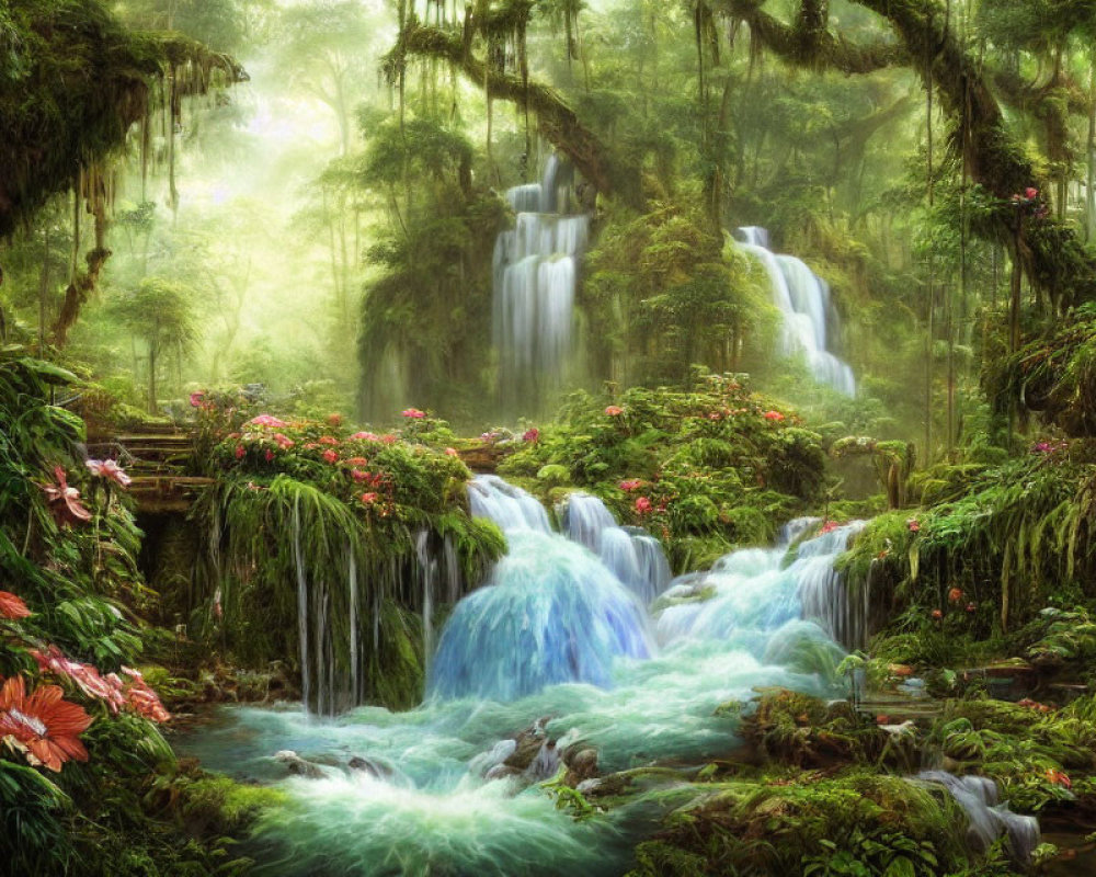 Lush forest with waterfalls, mist, and colorful flowers