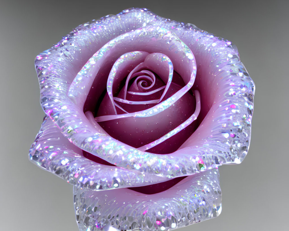 Digitally-rendered sparkling translucent rose with pink hue and crystalline texture on grey background